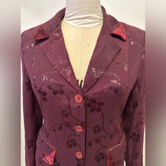 Gorgeous Dark Academia Plum Floral Jacquard Satin Boho Steampunk Coat Jacket S M - Picture 5 of 14